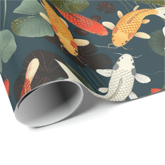 Papel De Presente Peixes Koi Vintage e Jardim de Lótus em Azul Profu