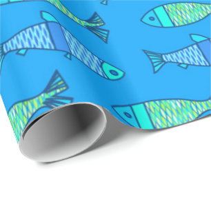 Papel De Presente Peixes modernos retros, turquesa e azul Cerulean