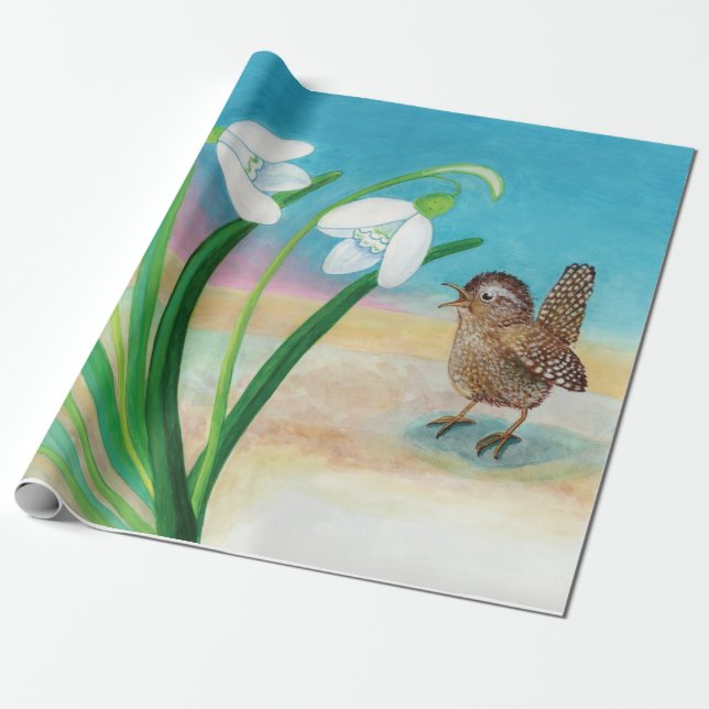 Papel De Presente Pêlos de primavera - Pássaros e neves (Desenrolado)