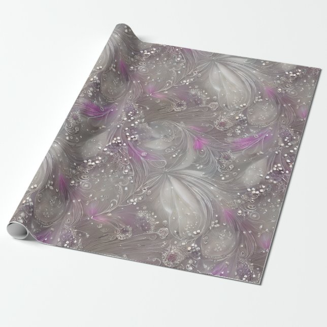 Papel De Presente Penas de Cinza Roxo Elegante (Desenrolado)