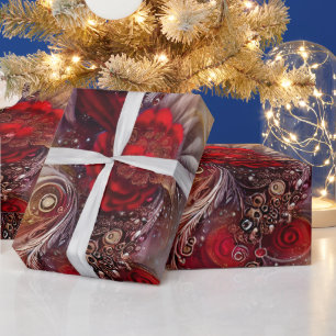 Papel De Presente Penas de Ouro Floral Vermelho Elegante