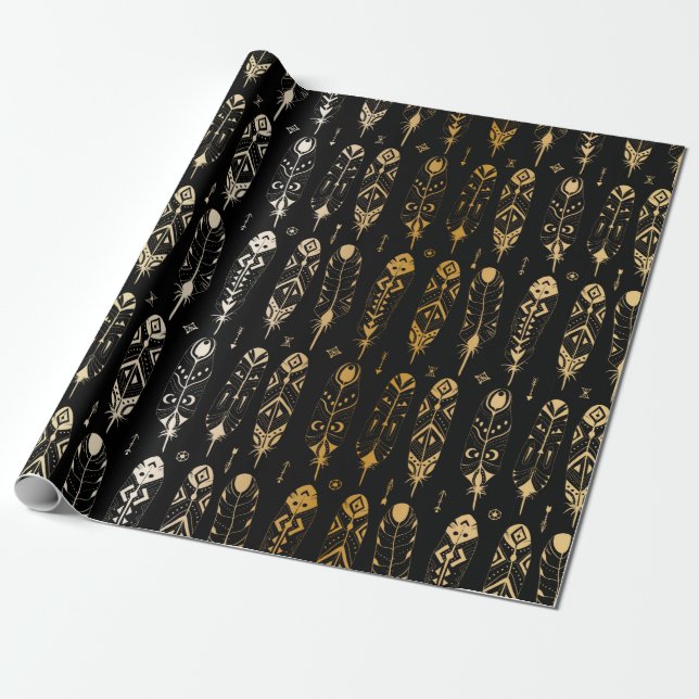 Papel De Presente Penas de ouro texturizadas em estilo tribal. Sem c (Desenrolado)