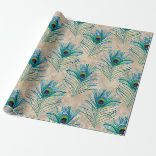 Papel De Presente Penas de pavão azul no castanho claro