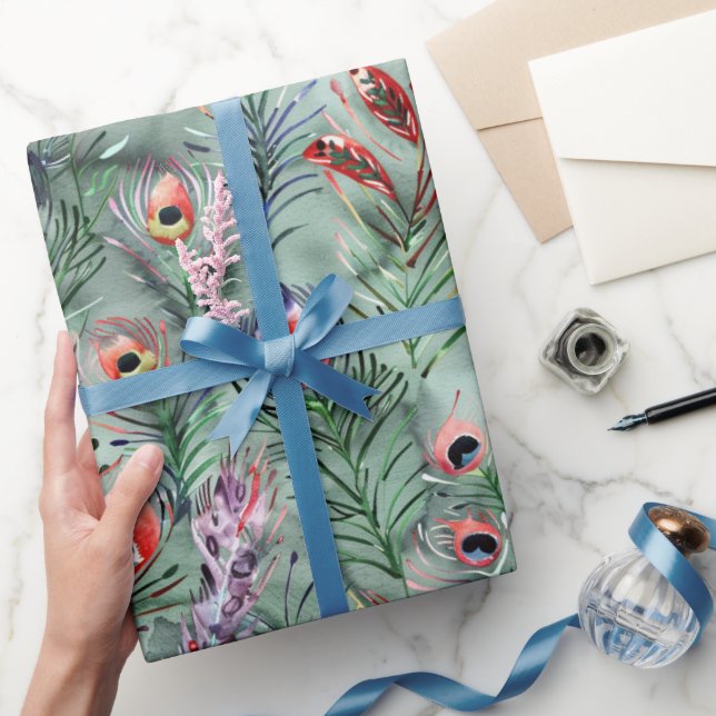 Papel De Presente Penas de Pavão Vermelhas e Verdes (Presentear)