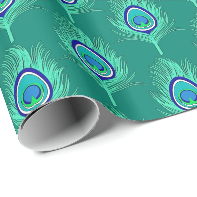 Papel De Presente Penas de Peacock, Aqua em Turquesa / Peacock (Ponta do rolo)