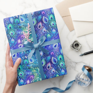 Papel De Presente Penas De Peacock De Casa Azul Púrpura