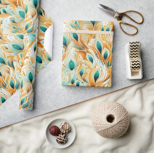 Papel De Presente Penas De Peacock Laranja De Mint (Artesanato)