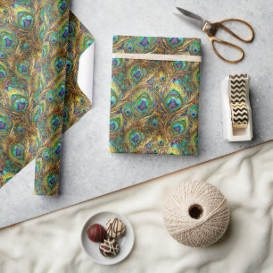 Papel De Presente Penas de Peacock Vibrantes em Dourado