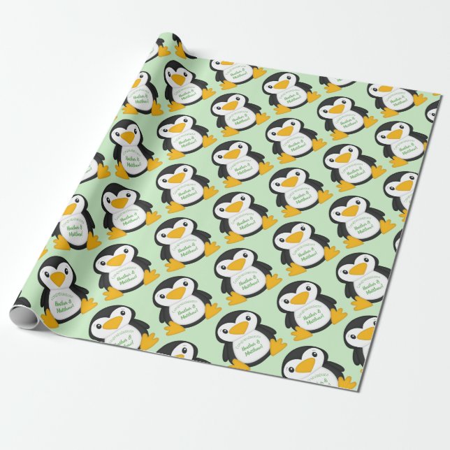 Papel De Presente Penguin Chá de fraldas Green (Desenrolado)