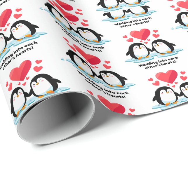 Papel De Presente Penguin Love Pack balançando corações uns dos outr (Ponta do rolo)