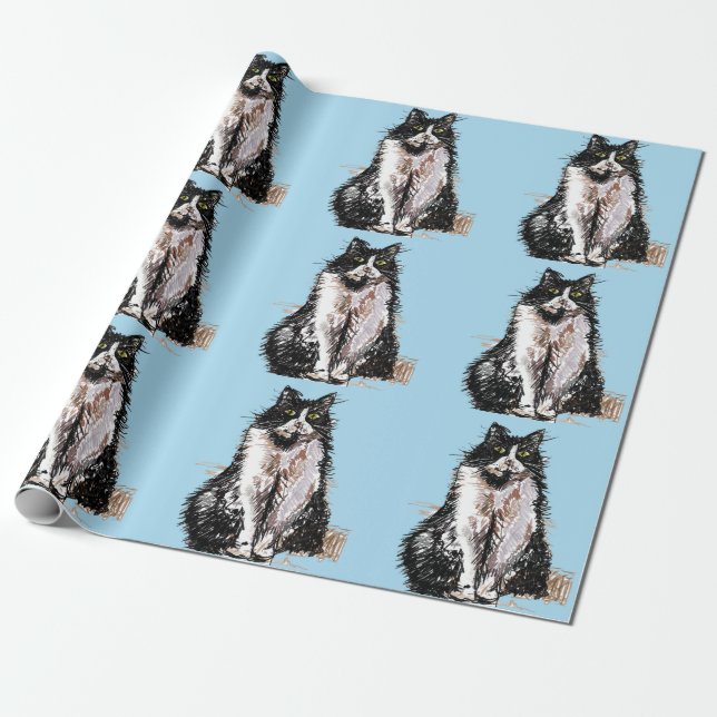 Papel De Presente Pentes Azuis de Gato Preto e Branco Tuxedo (Desenrolado)