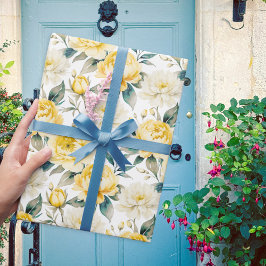 Papel De Presente Peônia Amarela e Crisântemo Floral Aquarela