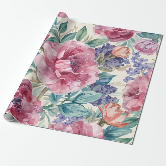Papel De Presente Peônia Botânica Aquarela Flora Lavanda (Desenrolado)