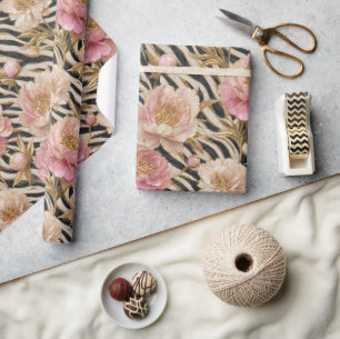 Papel De Presente Peônia Rosa Zebra Dourado Elegante