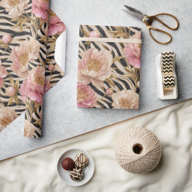 Papel De Presente Peônia Rosa Zebra Dourado Elegante  (Artesanato)