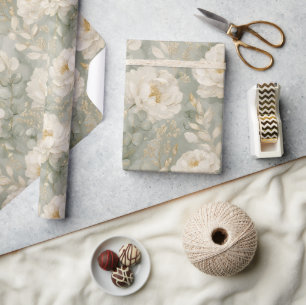 Papel De Presente Peônias Brancas Floral Salvia Verde Ouro Elegante