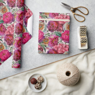 Papel De Presente Pêonias Cor-de-Rosa Vermelha e Flores de Hydrange