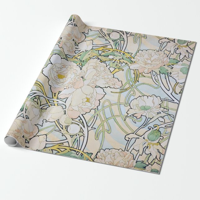 Papel De Presente Peônias de Alphonse Mucha (Desenrolado)