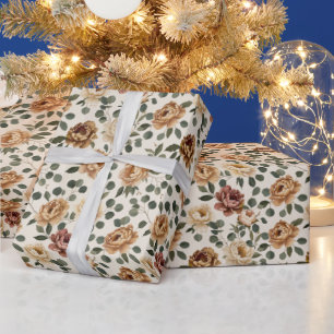 Papel De Presente Peônias & Eucalipto em Neutro Sofisticado e Quente