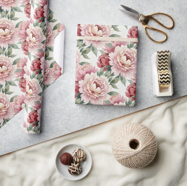 Papel De Presente Peônias Grandmillennial | Creme Bege (Artesanato)