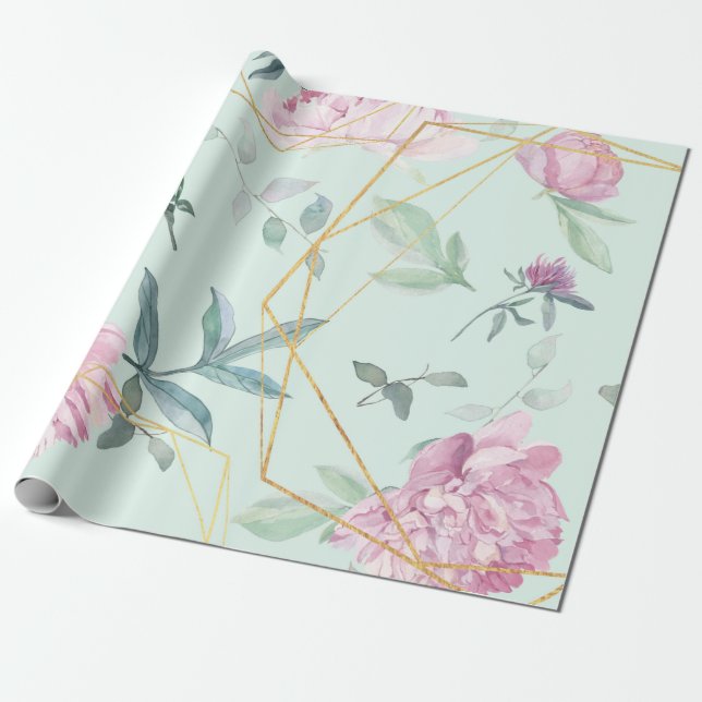 Papel De Presente Peônias Pastéis Casamento Floral Geométrico (Desenrolado)