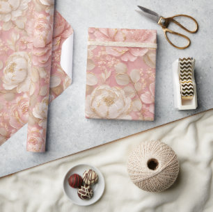 Papel De Presente Peônias Rosa Bege Floral Ouro Elegante