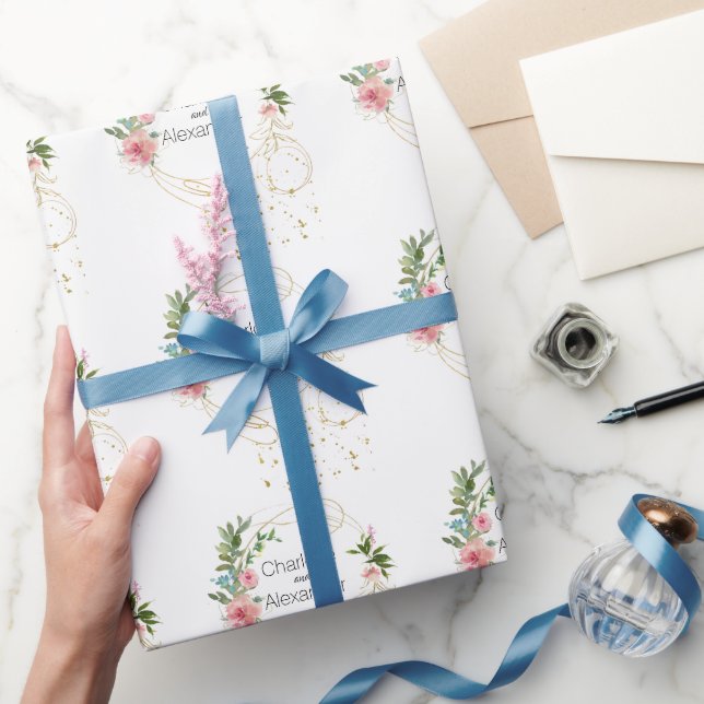 Papel De Presente Pêonias rosa e nomes Dourados Abstrato (Presentear)