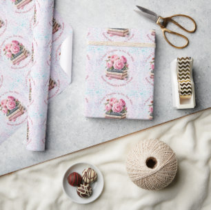 Papel De Presente Peônias Rosa & Livros Nova Capítulo Festa de Bebê