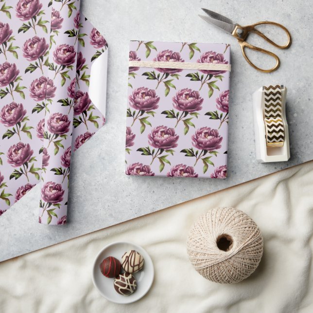 Papel De Presente Peônias Roxas Lavanda Clara Românticas (Artesanato)