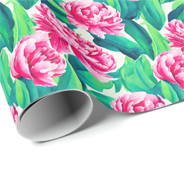 Papel De Presente Peonies Rosa Impressão de Aquarela (Ponta do rolo)