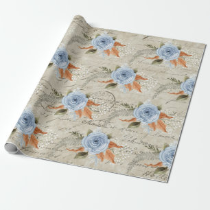 Papel De Presente Peony Floral Dusty Blue Vintage Script Ephemera