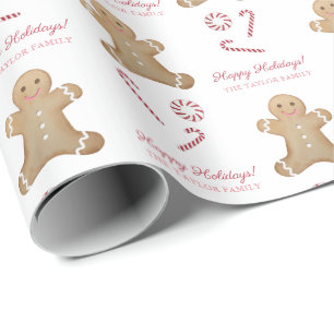Papel De Presente Peppermint Candies Gingerbird Felizes Feriados