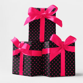 Papel De Presente Pequena Bolinha Preto e Rosa Quente