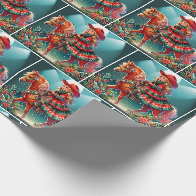 Papel De Presente Pequena Cowgirl Com O Fato De Natal Em Cavalo (Ponta)