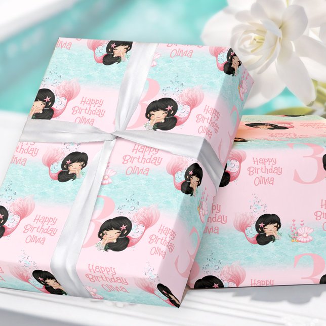 Papel De Presente Pequena Sereia, Menina Rosa De Cabelo Escuro (Little Mermaid Dark Hair Pink Girl Wrapping Paper)