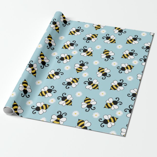 Papel De Presente Pequenas abelhas e flores margaridas (Desenrolado)