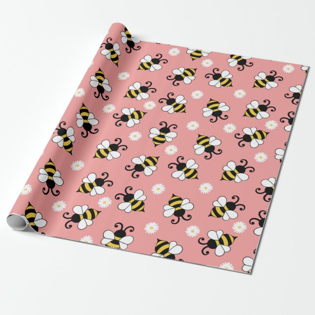 Papel De Presente Pequenas abelhas e flores margaridas (Desenrolado)