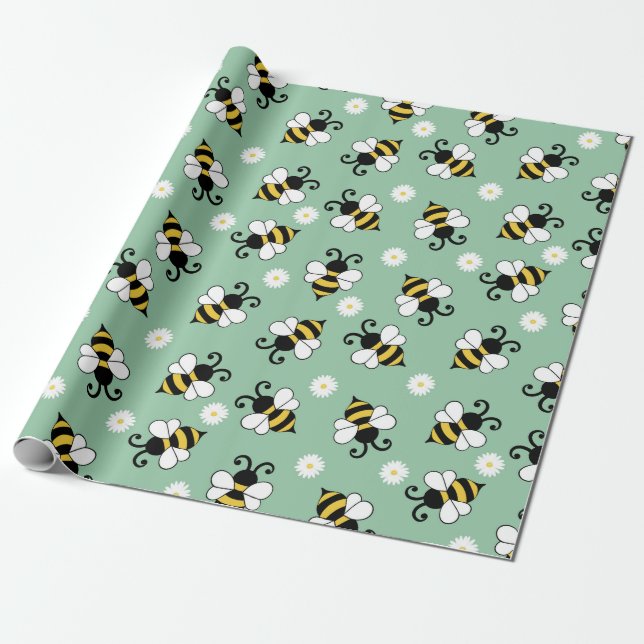 Papel De Presente Pequenas abelhas e flores margaridas (Desenrolado)
