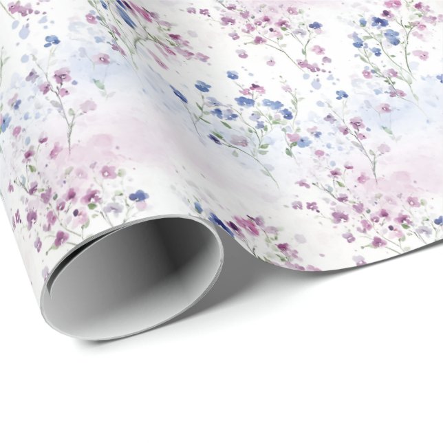 Papel De Presente Pequenas flores roxas e azuis em branco (Ponta do rolo)