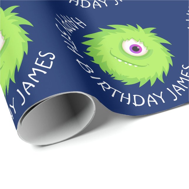 Papel De Presente Pequeno Monstro Azul Verde Personalizado (Ponta do rolo)