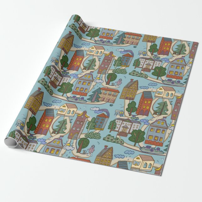 Papel De Presente pequeno padrão de casas de cidades  (Desenrolado)