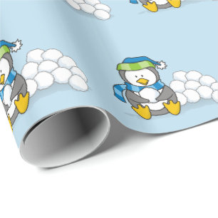 Papel De Presente Pequeno pinguim sentado com bolas de neve embrulha
