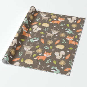 Papel De Presente Pequenos Animais de Floresta em Fundo Castanho
