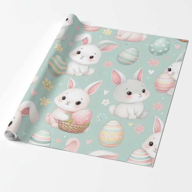 Papel De Presente Pequenos coelhos de Páscoa bonitos com ovos de Pás (Desenrolado)