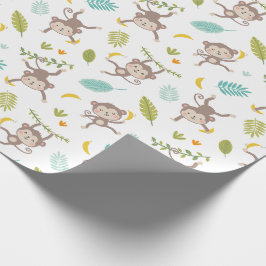 Papel De Presente Pequenos Macacos Bonitos com bananas e folhas bran