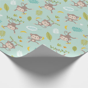 Papel De Presente Pequenos Macacos Cutes com bananas e folhas de sel