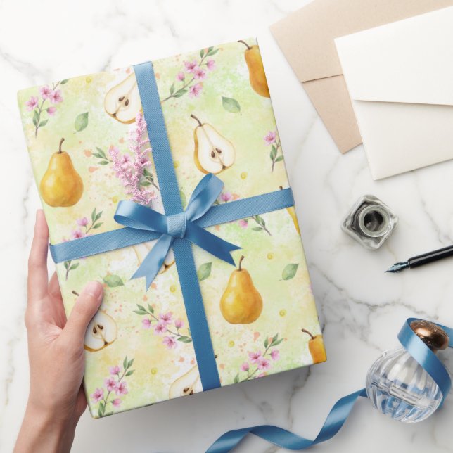 Papel De Presente Pêras Amarelas Botânicas & Aquarela de Flores de P (Presentear)