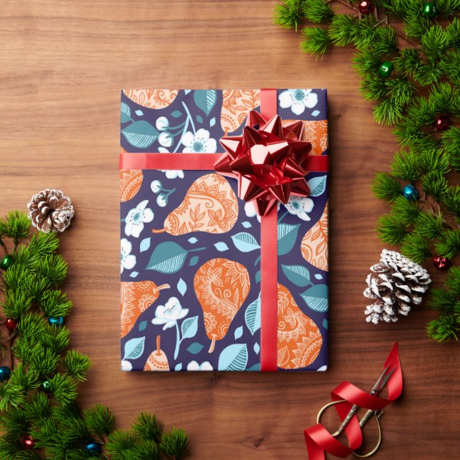Papel De Presente Peras e Blossomas em Laranja e Azul (Presente de Natal)