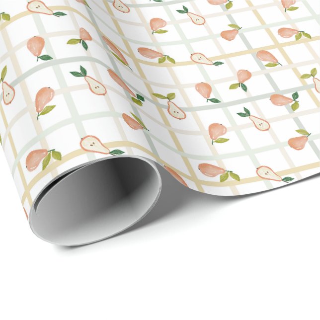 Papel De Presente Pêras verão piquenique xadrez gingham neutro (Ponta do rolo)