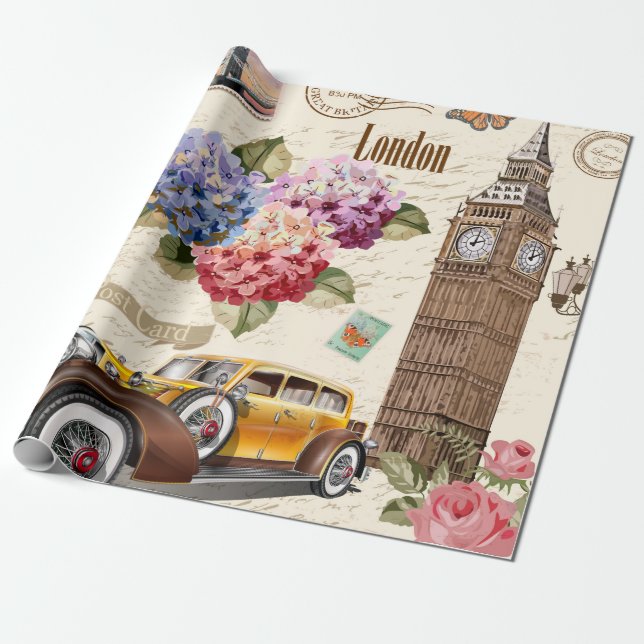 Papel De Presente Perfil de colheita de Londres sem costura com carr (Desenrolado)
